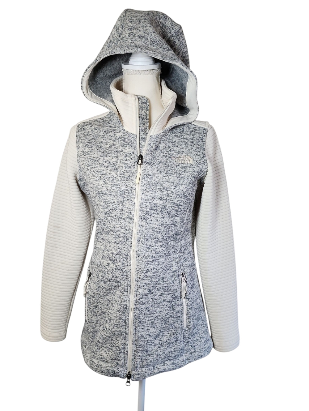 The North Face White And Gray Womens Long Sleeve Zip-up Hoodie Fleece Jacket Sm